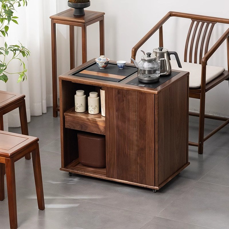 北美黑胡桃实木烧水壶一体边几茶水柜移动茶边柜小型家用茶几茶台