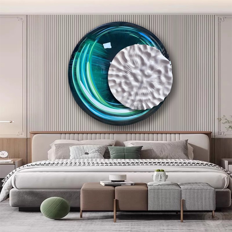 简约立体圆形客厅装饰画酒店大堂会所样板间绿色挂画玄关浮雕壁画图片
