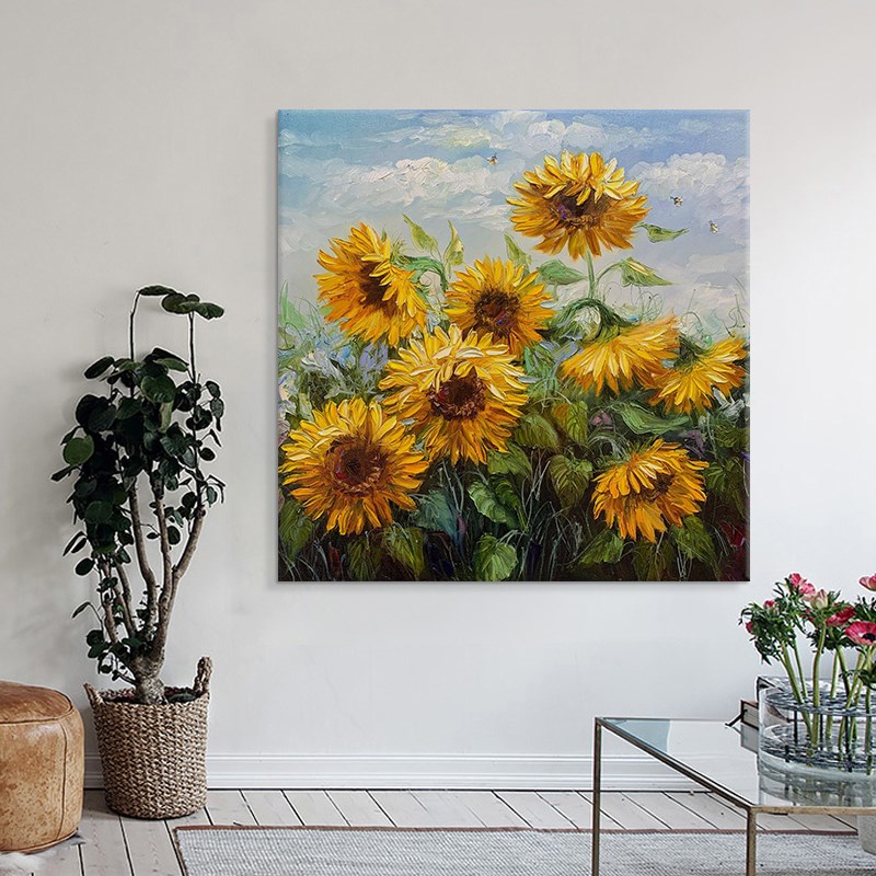 向日葵手绘油画抽象肌理画田园风客厅餐厅装饰画美式玄关方形挂画图片