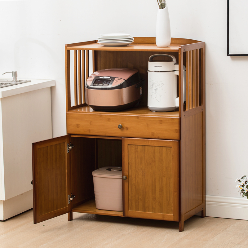 厨房置物架竹微波炉架子落地w多层收纳实木带M门碗柜储物柜子置物