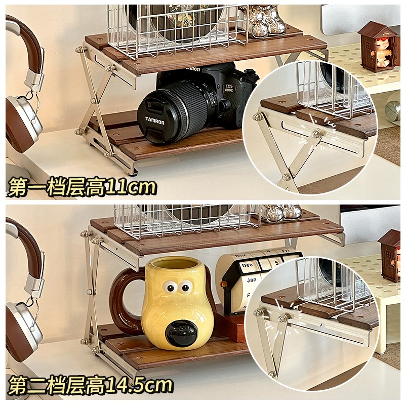 中古风桌面折叠置物架木质分层伸缩手办摆件音响音箱收纳架展示架