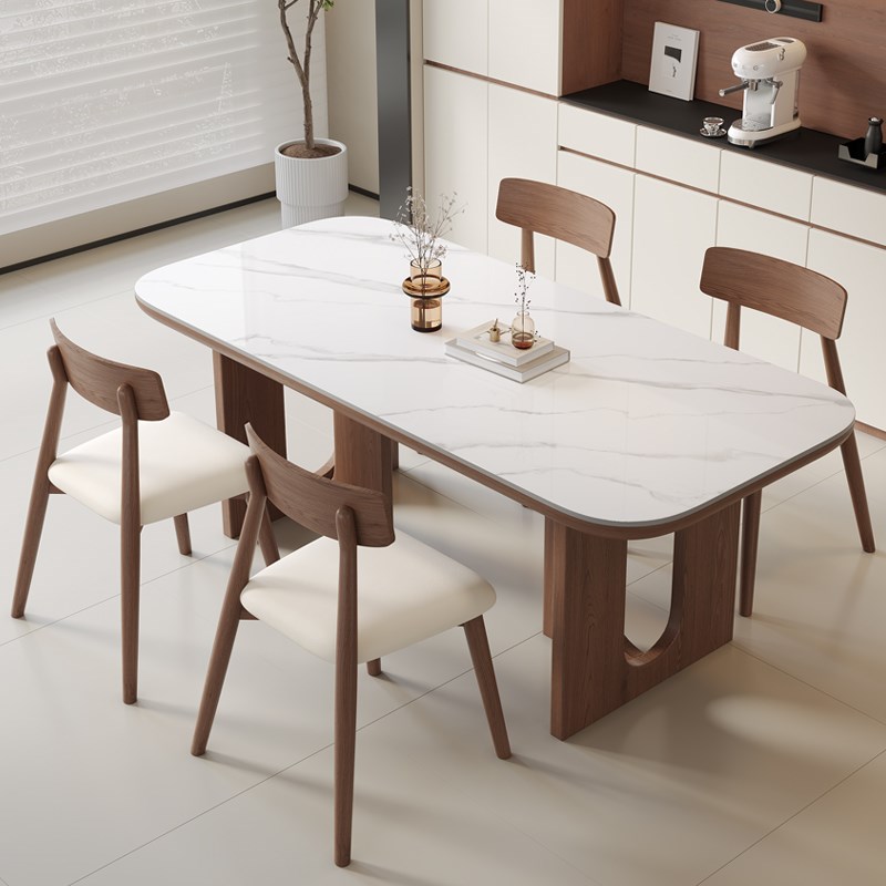 复古风洞石岩板餐桌家用小户型饭桌胡桃木餐桌椅休闲组合长方形