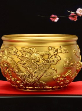 聚宝盆摆件黄铜实心中式客厅店铺家居工艺礼品摆饰纯九龙大号黄铜