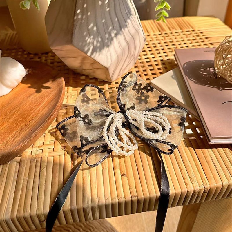 法式高级感窗帘扎束带黑色蝴蝶结系带仙女免打孔纱帘绑绳珍珠装饰