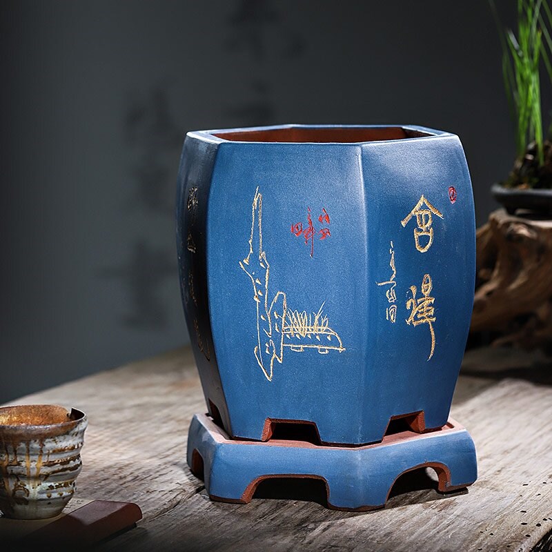 宜兴紫砂花盆大号家用手工精品六方盆君子兰盆兰花盆陶瓷盆景花盆