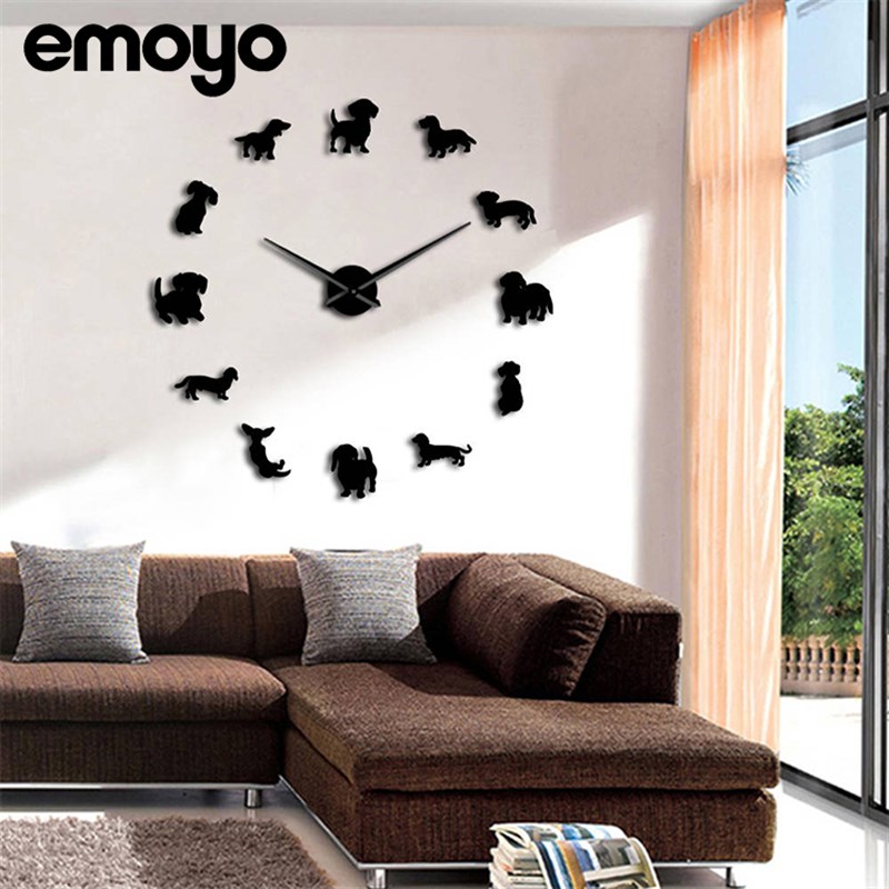 现代简约亚克力镜子钟装饰时钟客厅创意款大挂钟小狗造型diy钟表