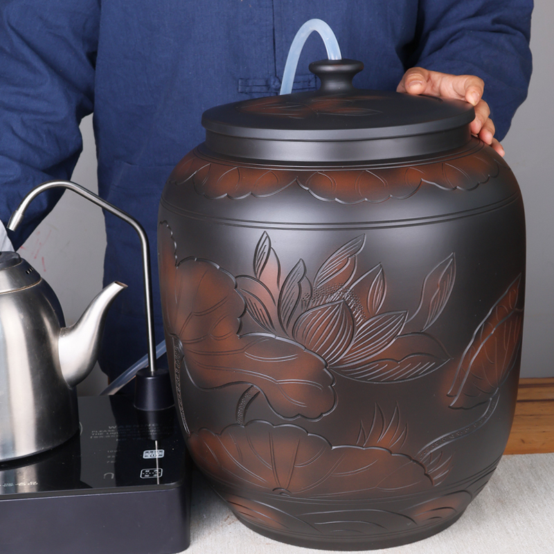 建水紫陶老式陶瓷大水缸家用茶道储水用抽水缸水桶净水桶茶台泡茶