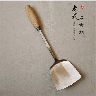 家用不锈钢炒菜铲子厨具菜铲无涂层加厚手工锅铲木把手防烫铲 老式