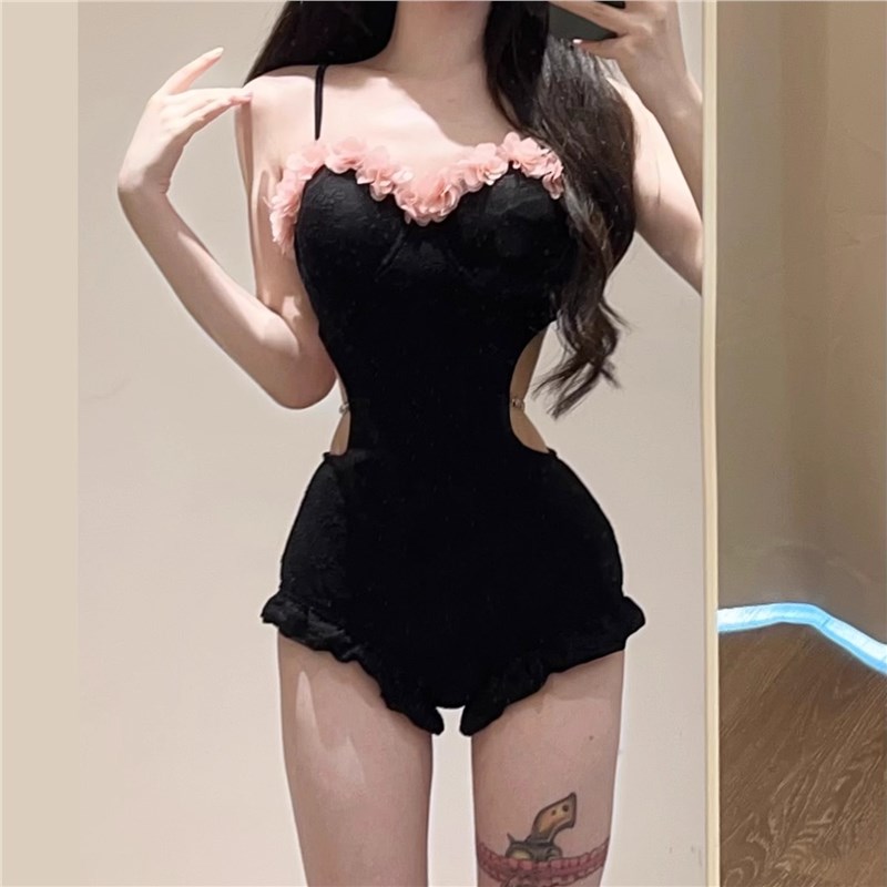 荷叶边高级连体泳衣女黑色性感镂空钢托聚拢显瘦露背套装