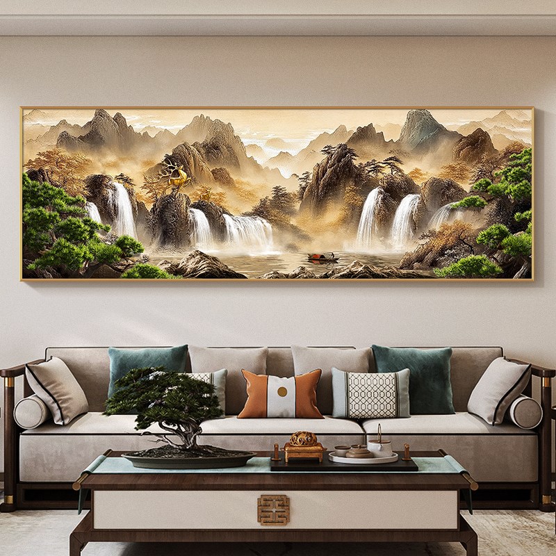 新背景墙山水中式高山流水挂画壁饰沙发装饰画客厅电视画办公室