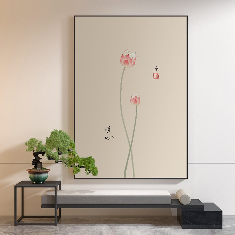 新中式入户玄关正对门荷花墙壁画客厅沙发背景挂画茶室禅意装饰画