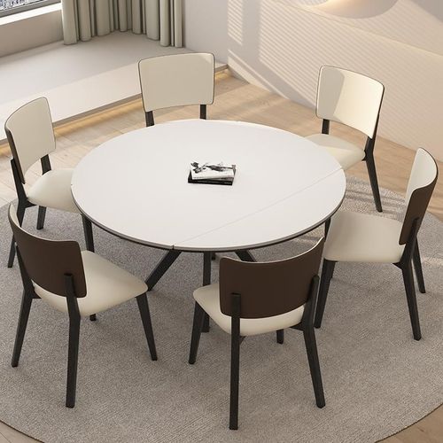 伸缩实木岩板餐桌家用小户型奶油中古风方圆两用折叠可伸缩饭桌子