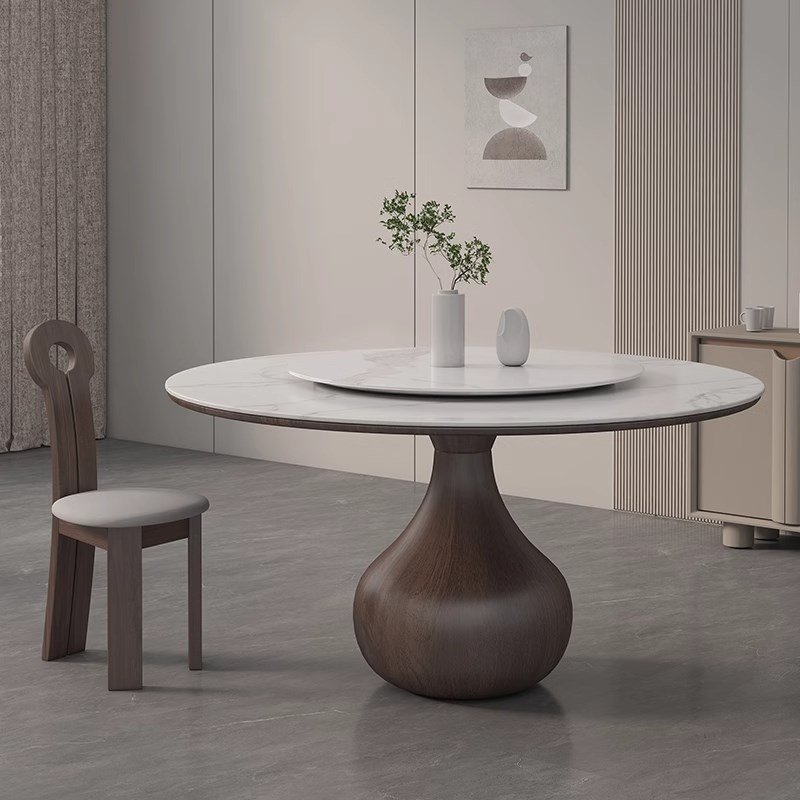 意式现代简约实木岩板餐桌圆形带转盘白蜡木圆桌小户型家用饭桌椅