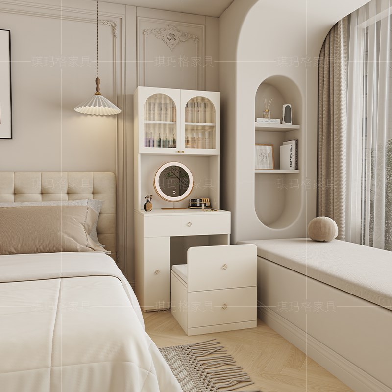 实木梳妆台卧室简约化妆桌法式奶油化妆台床头化妆桌收纳柜一体柜