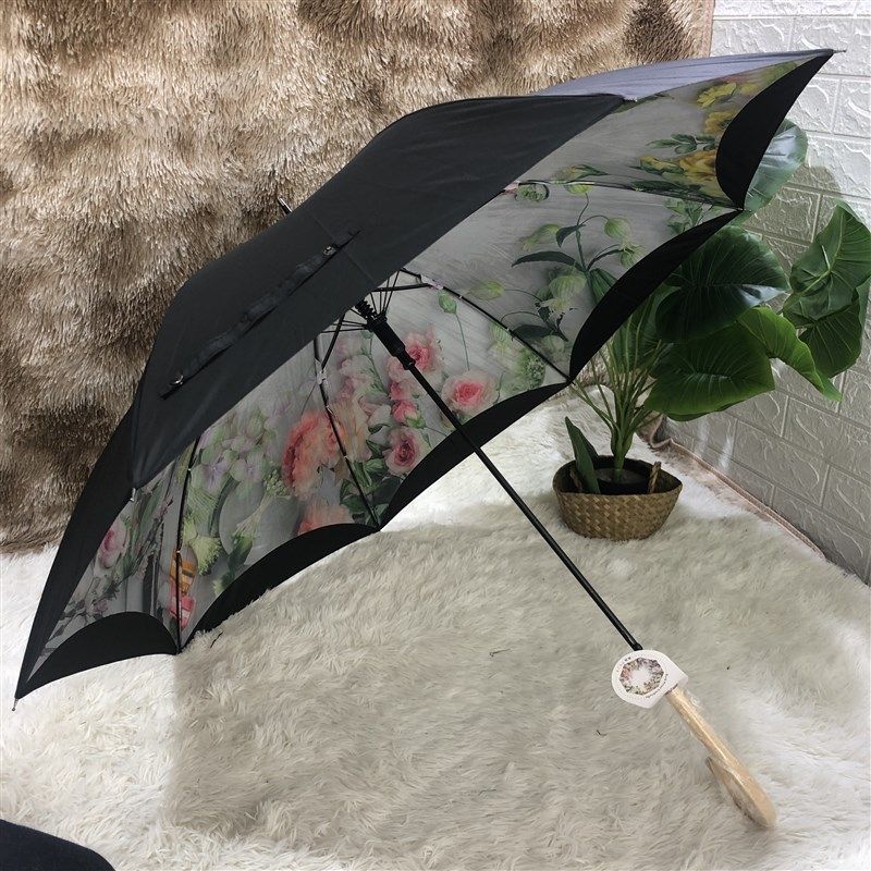 日系长柄英伦复古双层八骨防风晴雨两用木柄自动韩国森系黑花雨伞