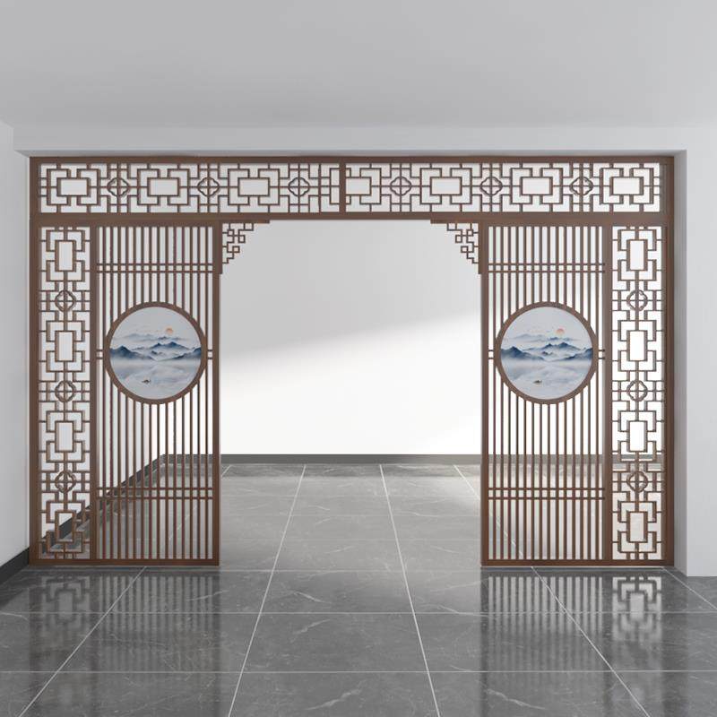 新中式实木月亮门屏风隔断客厅月洞门拱门茶室彷古圆门格栅月亮门