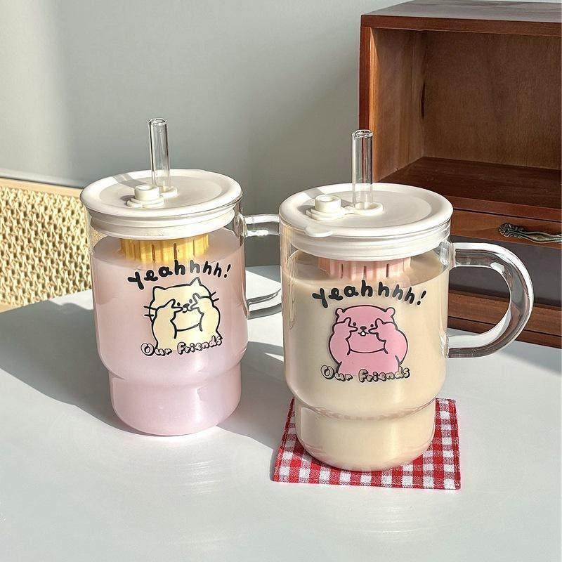 比耶猫咪玻璃吸管杯高硼硅大容量茶水分离泡茶水杯牛奶杯带把手,餐饮具,玻璃杯,淘宝优惠券,粉丝福利购,淘宝优惠卷