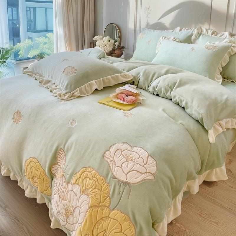 冬季加厚牛奶绒四件套q双面珊瑚绒被套法兰绒加绒保暖公主风三件