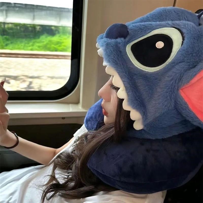 睡觉可爱史迪f奇卡通u型枕连帽枕护午睡护颈枕头旅行飞机帽子午休