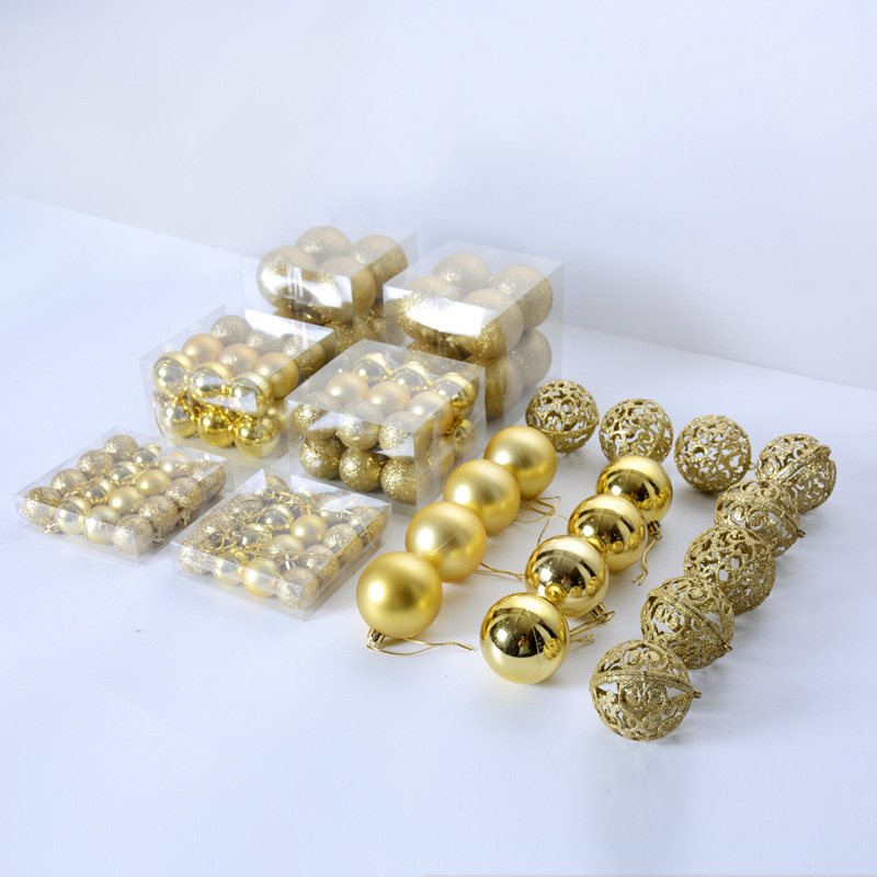 圣诞球礼盒100个装 3-6CM 圣诞树装饰品 亮光球亚光球粉球镂空球
