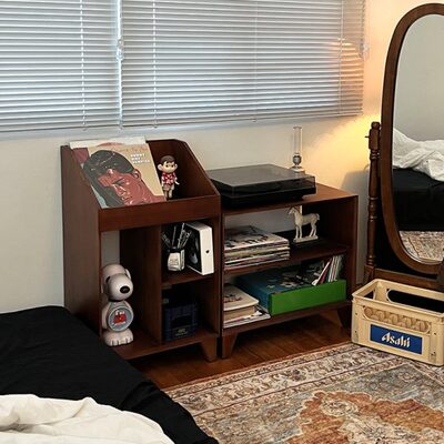 闻森实木床头收纳柜榫卯复古唱片机置物架落地小户型书柜组合边柜