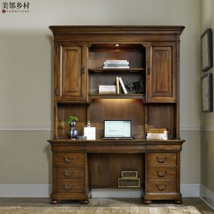 乡村复古做旧全实木组合书柜别墅豪宅咖色书橱一体办公桌写字 美式