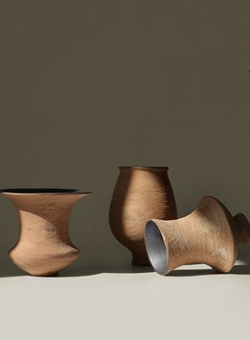 栗石复古橙色小陶罐花器侘寂风粗陶花瓶样板间民宿橱窗陈列品摆件