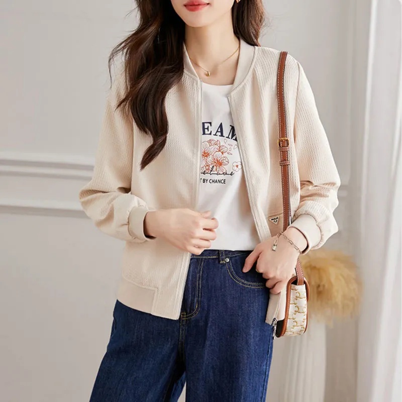 韩版杏色圆领拉链棒球服外套女
