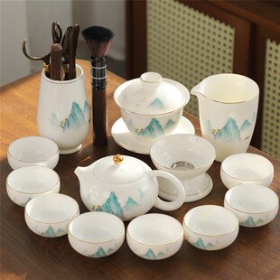 家用客厅泡茶壶轻奢高档陶瓷盖碗茶杯 德化羊脂玉白瓷功夫茶具套装