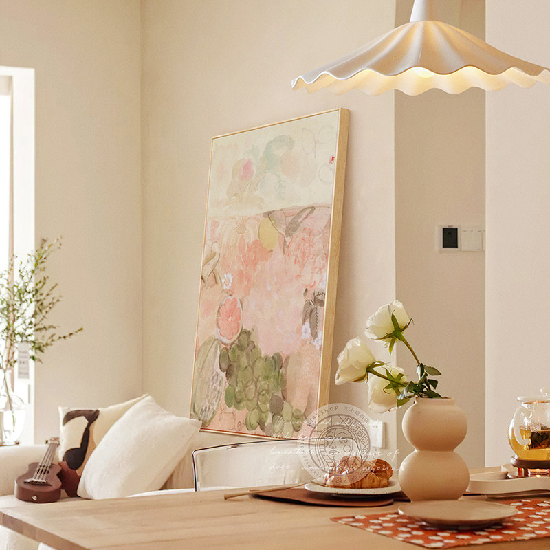 花青奶油原木风客厅沙发背景墙装饰画玄关挂画大幅荷花壁画艺术感