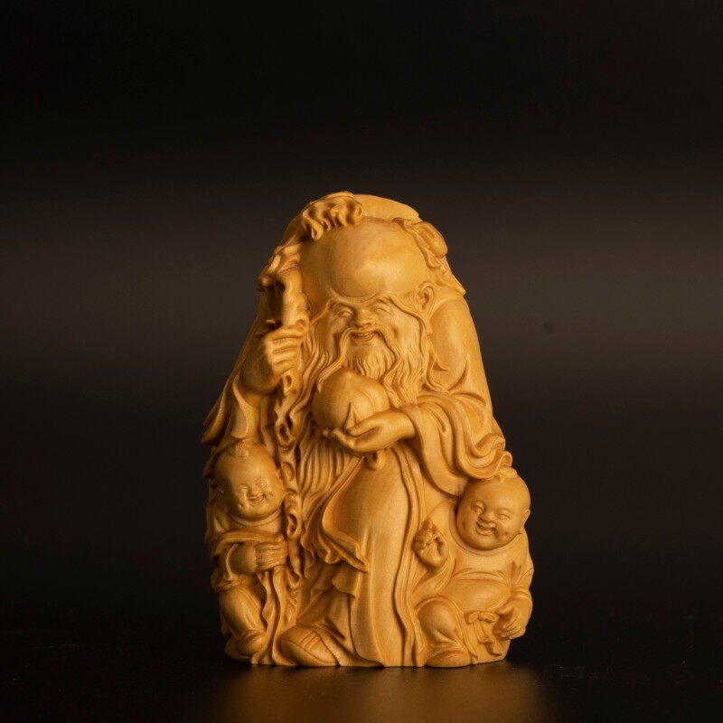 小叶黄杨木雕寿星手把件实木雕刻手工艺品把玩件木质福禄寿装饰品
