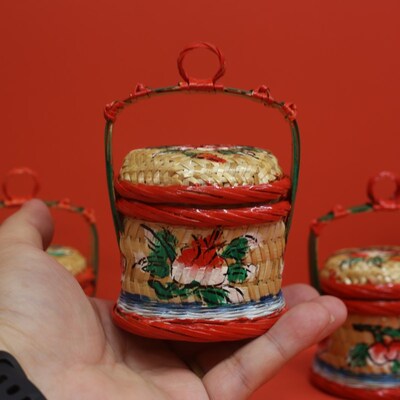 迷你手绘花篮提篮家居摆件竹篮手工竹编篮子花篮潮州传统竹艺摆件