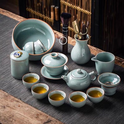 淄博博山陶瓷琉璃大观园哥窑青瓷冰裂釉整套功夫茶具套装会客礼盒