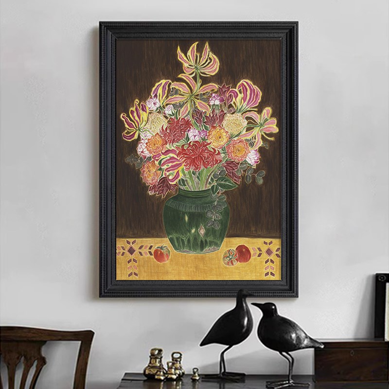 酒店餐厅高级感中古风彩色花卉花瓶装饰品挂画客厅玄关纯手绘油画图片