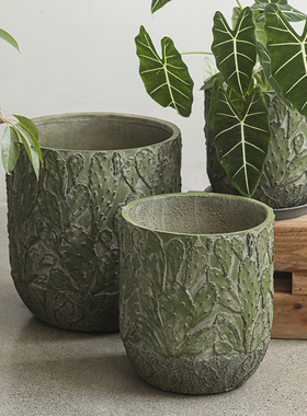 绿色仙人掌纹水泥大花盆复古家用落地客厅龟背竹绿植阳台装饰摆件