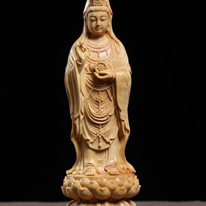 正宗小叶黄杨木精雕南海观音菩萨家用供奉神像摆件家居装饰品工艺