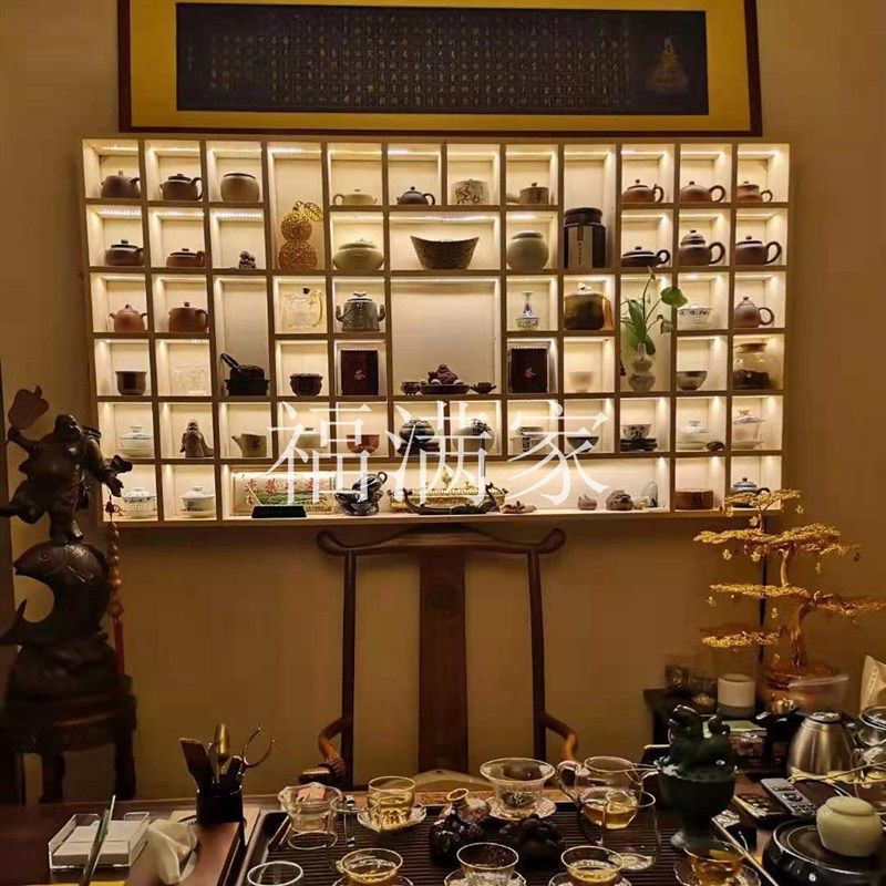 定做带灯光实木格子架茶壶架展示架壁挂展示柜博古架多宝阁格子柜