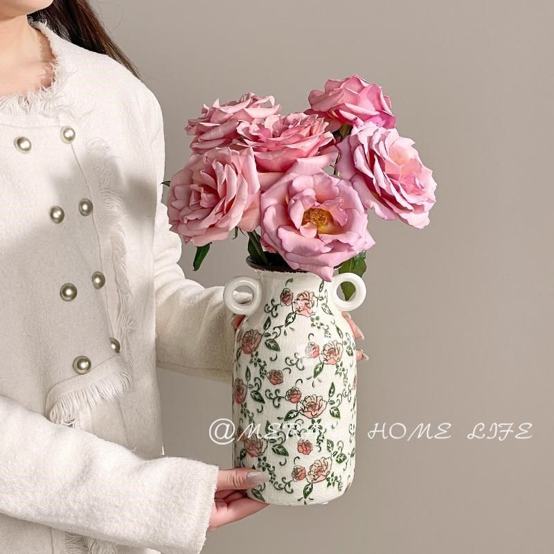 复古田园青花陶瓷花瓶冰裂古典花器双耳红花客厅水培插花装饰摆件