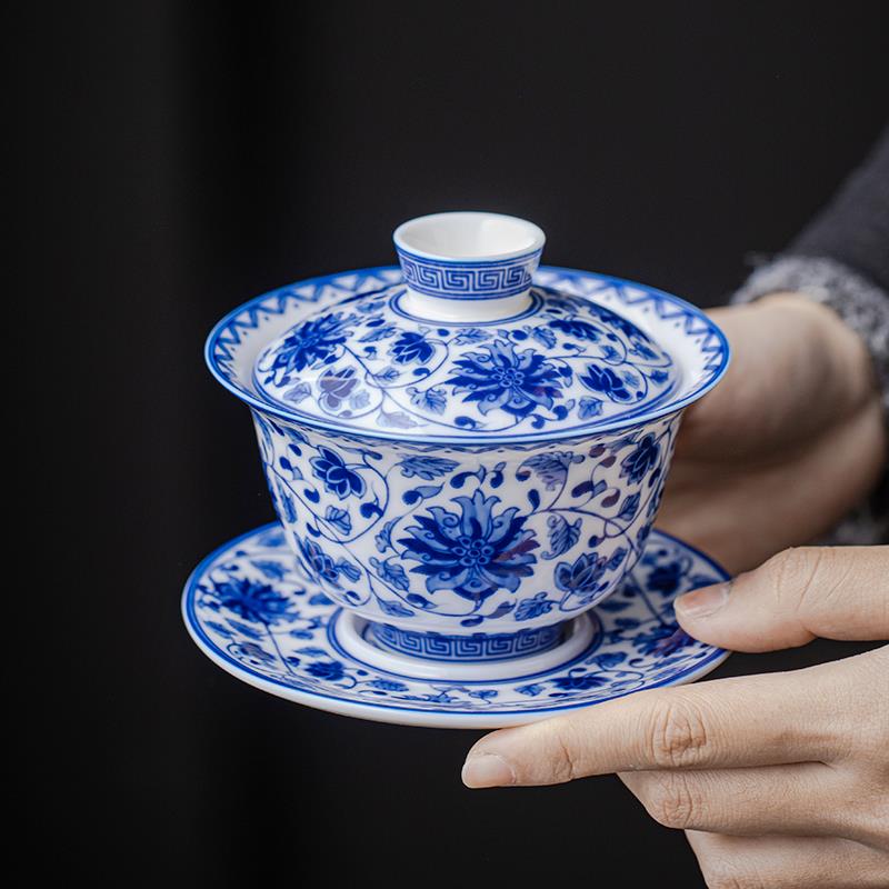 覆古缠枝莲三才盖碗悬停泡茶杯羊脂玉白瓷单个青花不烫手陶瓷茶具