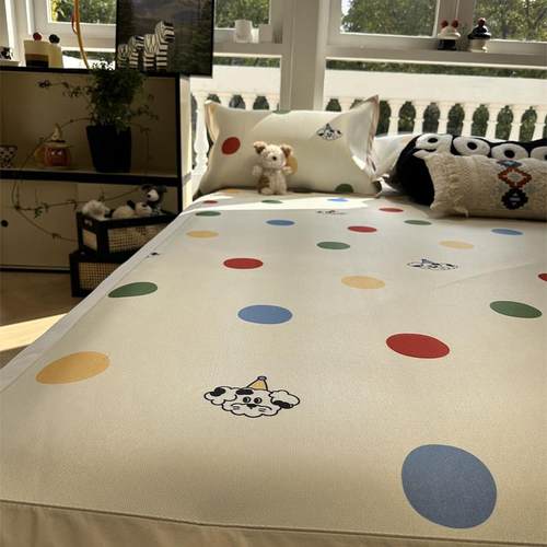 ins少女心彩色波点小狗冰丝藤席夏凉席软席子1.5m1.8空调席三件套