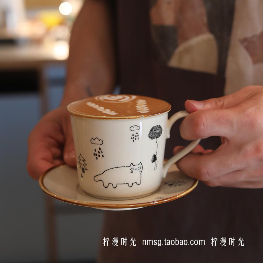 中古风质感日式覆古森林猫咪釉中彩咖啡拉花杯碟套装花茶下午茶杯