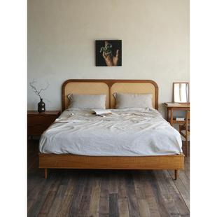 北欧覆古实木天然藤编实木柚木主卧双人床民宿1.8米