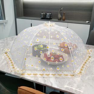 圆形餐桌罩双骨架可收纳防蚊虫菜罩餐厅长方形防尘食物盖 轻奢欧式