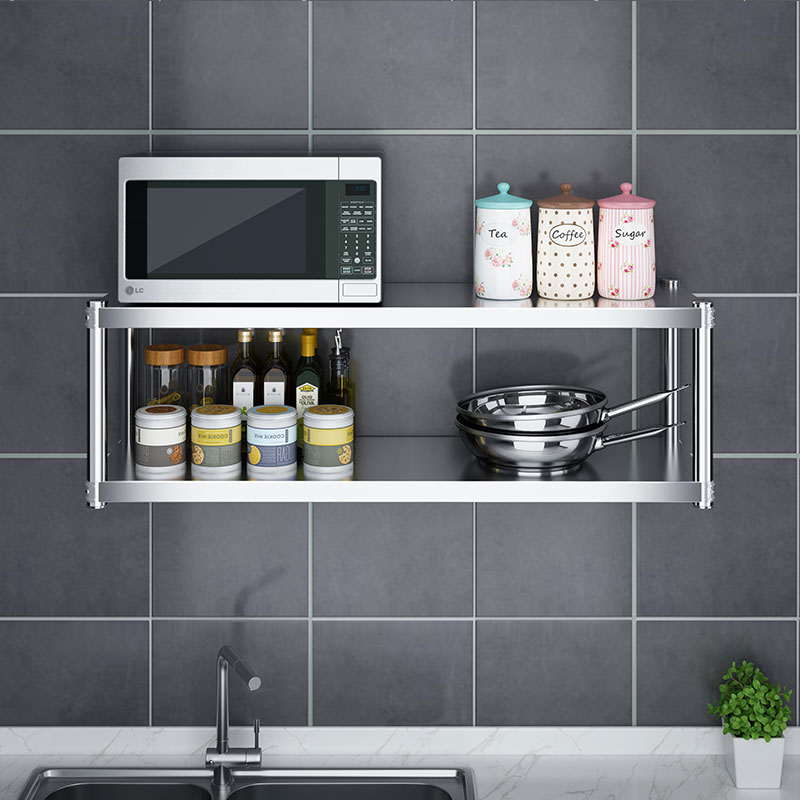 不锈钢厨房壁挂置物架2调料架挂架双层上墙架3收纳微波炉储物架子
