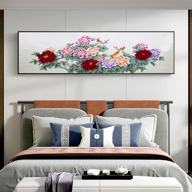 牡丹花新中式卧室装饰画床头挂画茶室主卧花开富贵客厅水墨复古壁图片