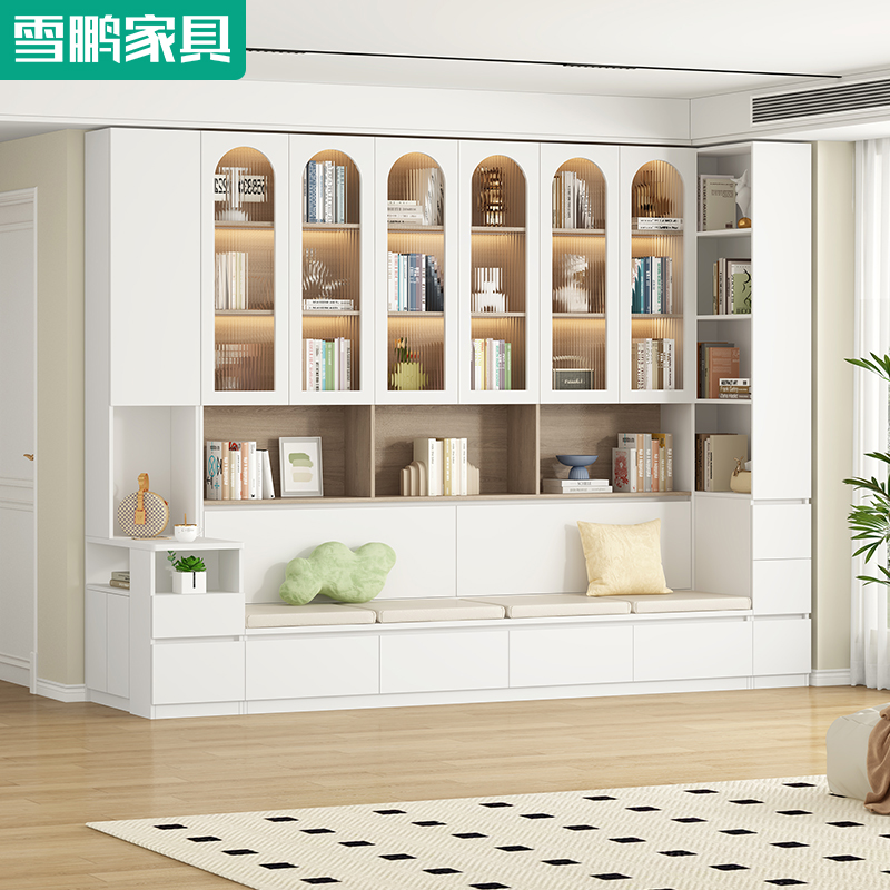 去客厅化卡座沙发书架一体整墙到顶组合带玻璃门落地展示柜6F61-1