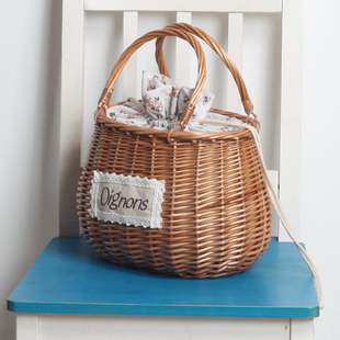 柳编束口手提篮提包手工编织 非藤编草编竹编花篮竹篮客厅田园风