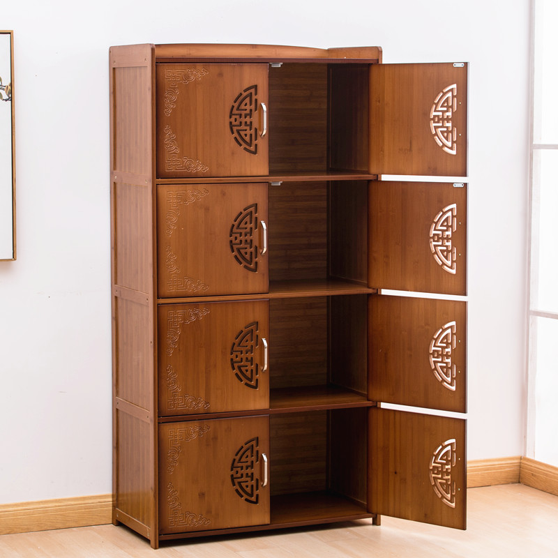 楠竹储物柜实木带门厨房置物架微波炉架子木质收纳柜子置物柜书架