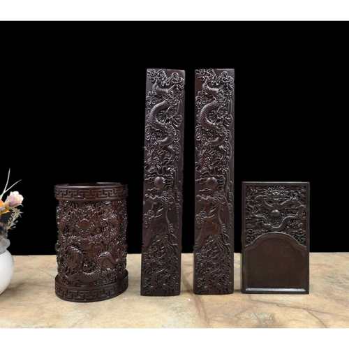 黑檀雕龙文房四宝四件套实木书房书法用品