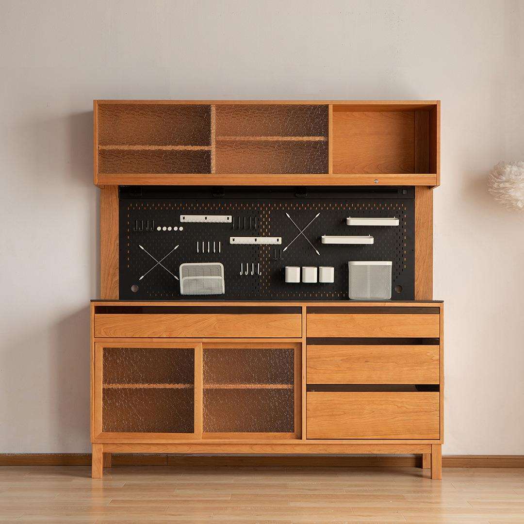 樱桃木全实木餐边柜收纳柜高酒柜餐桌一体靠墙储物柜黑胡桃木橱柜